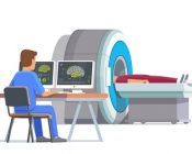 Doctor looking at results of patient brain scan on the monitor screens in front of MRI machine with man lying down. Flat vector illustration.
